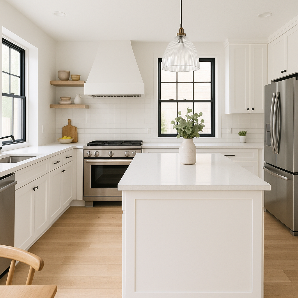 A professional cleaner performing a deep residential cleaning in Virginia Beach, focusing on the kitchen and living areas to ensure every surface shines.