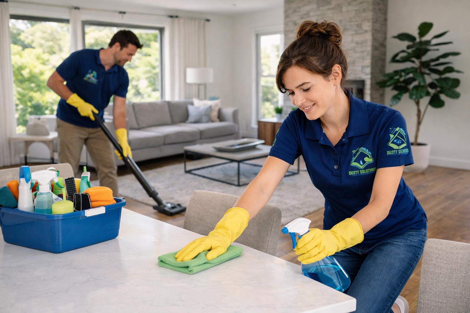 Two Dusty Solutions professional home cleaners cleaning a modern living room, wiping surfaces and vacuuming floors.