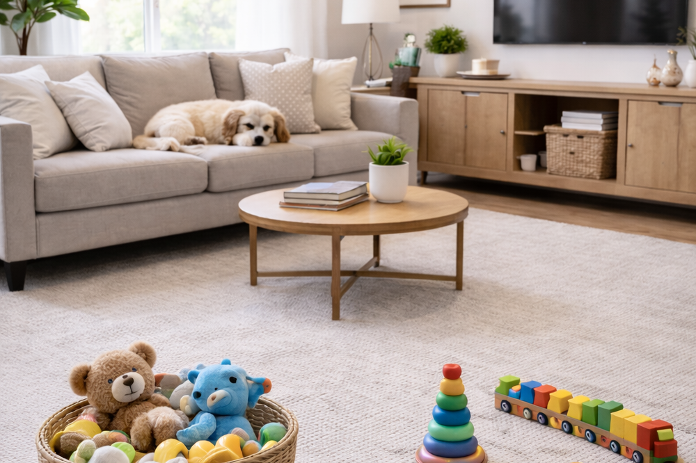 Bright, clean living room with neatly organized children’s toys on a rug and a small dog sleeping on a sofa, weekly house cleaning