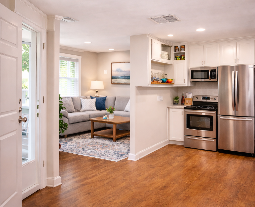 Bright, clean open-concept living room and kitchen after a professional deep cleaning