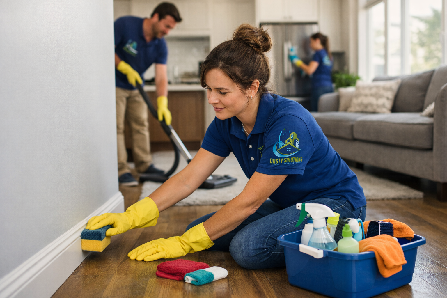 Dusty Solutions cleaning team deep cleaning a home, scrubbing baseboards and vacuuming in a living room.